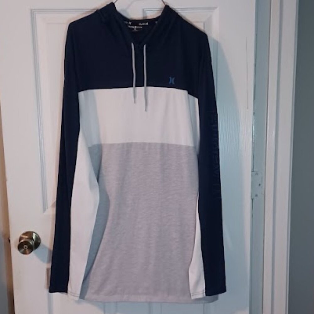 Hurley XXL Tall Men's navy, grey, white hooded long sleeve shirt w/side pockets